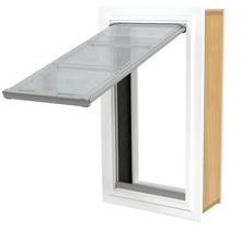 A white-framed pet door with a partially open, clear flap.