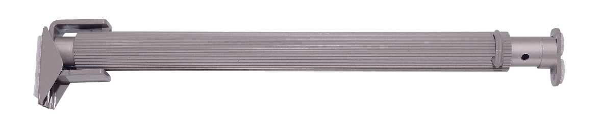A silver-colored, adjustable tension rod for window treatments.