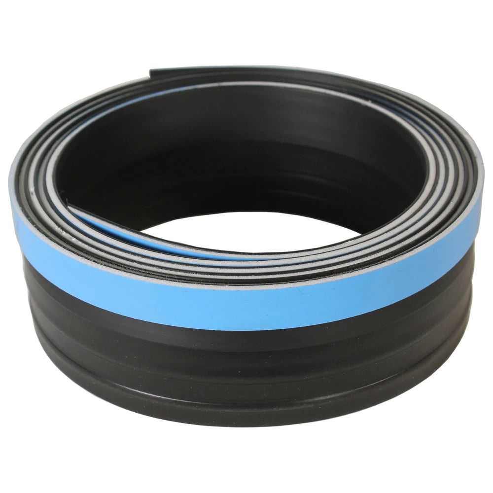 A roll of black rubber seal with blue tape on the adhesive side.