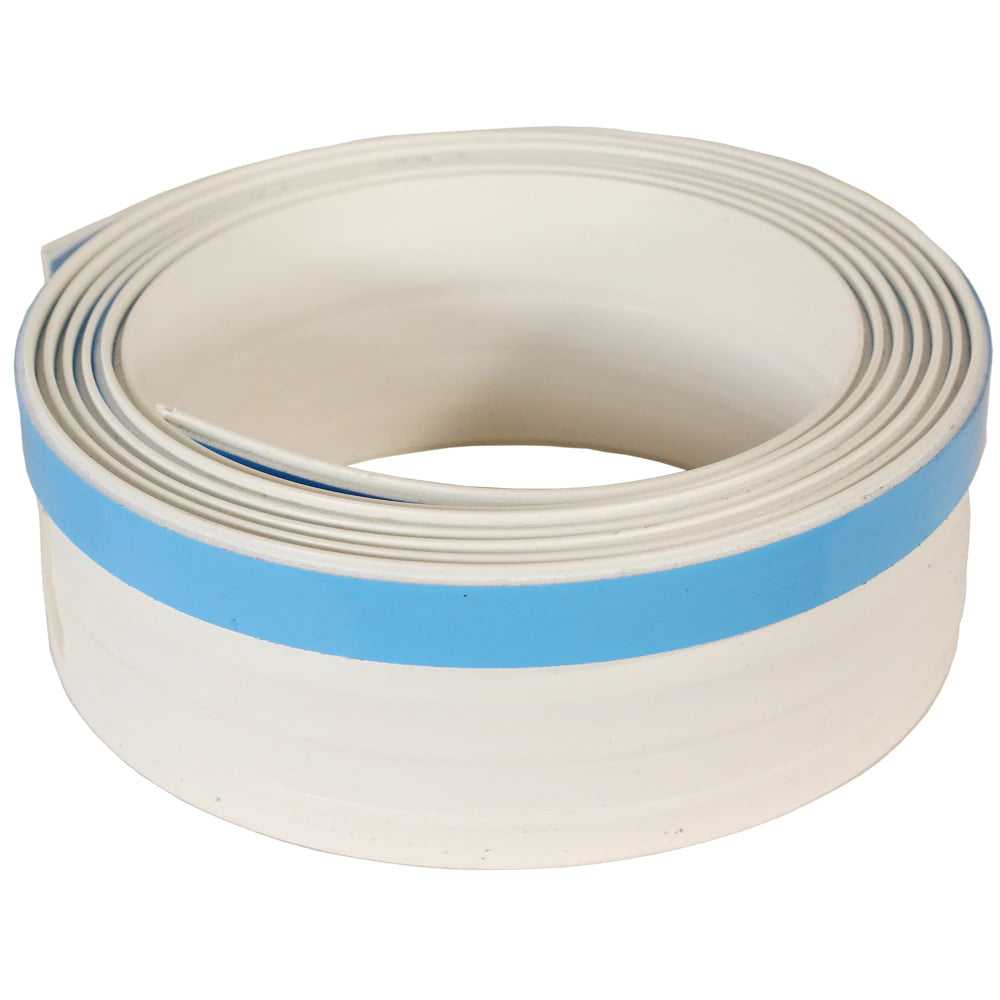 A roll of white PVC edge banding with a blue stripe.