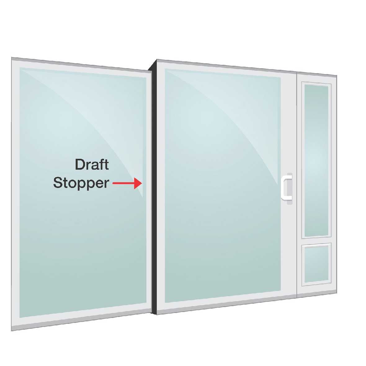 Illustration of a draft stopper between two glass doors.