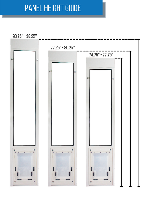 Dragon single flap pet door for aluminum sliding glass doors, sizing diagram. Fits sliding door track heights ranging from 74.75" to 96.25".