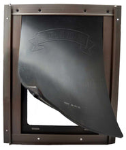 A pet door with a partially open flap showing the word 