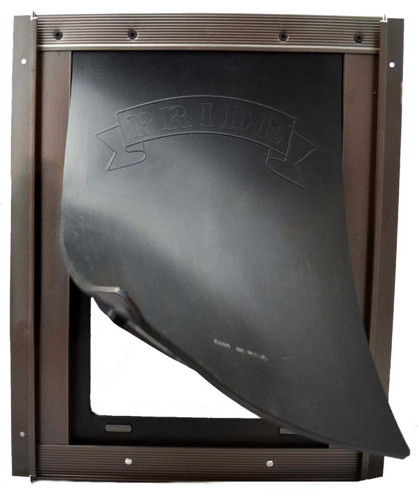 A pet door with a partially open flap showing the word "PRIDE" embossed on it.