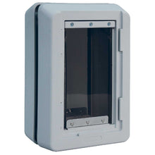 A gray electrical box with a clear window and metal hardware.