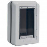 White, rectangular electrical box with a hinged door revealing a dark interior.