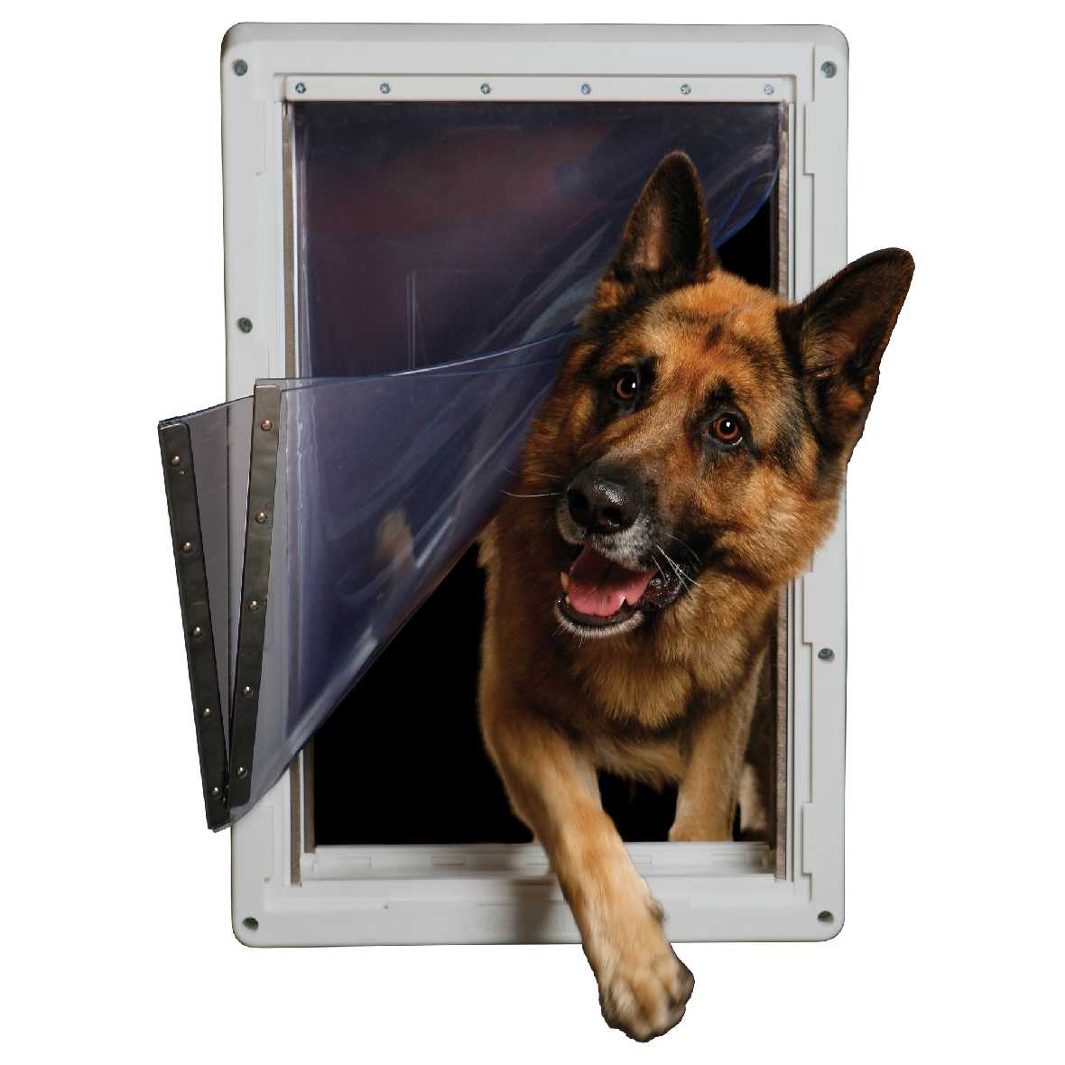 A German Shepherd dog going through a pet door.