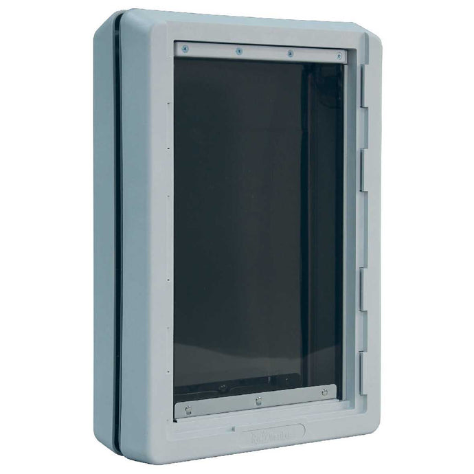 A gray and black pet door.
