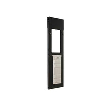 Black frame with a rectangular opening above a white multi-paneled pet door.