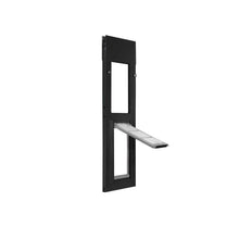 Black pet door frame with an open flap.