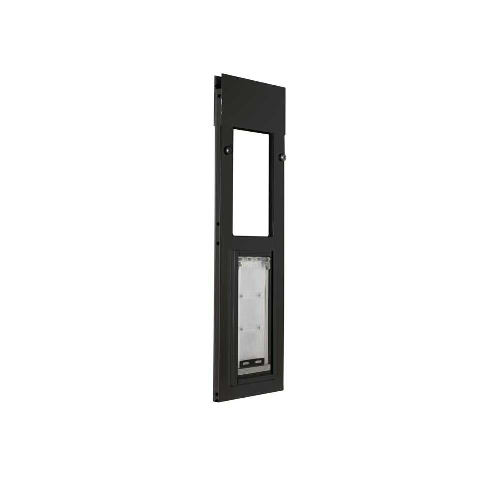 Black pet door frame with a clear flap, viewed in perspective against a white background.