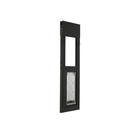 Black pet door frame with a clear flap, viewed in perspective against a white background.