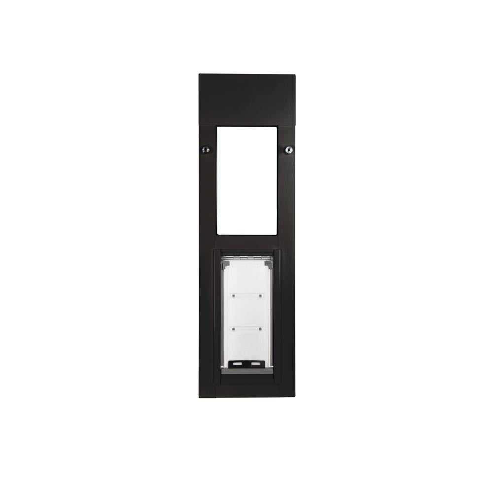Black-framed pet door with a clear flap and adjustable opening.
