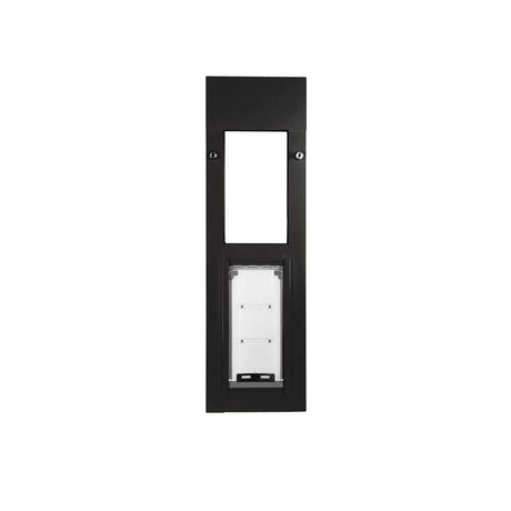 Black-framed pet door with a clear flap and adjustable opening.