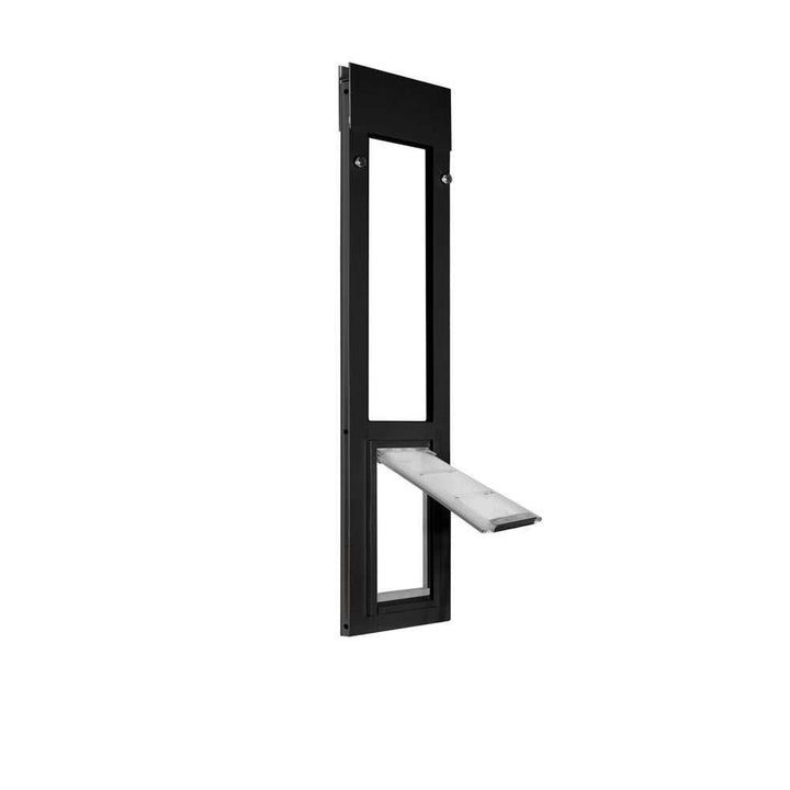 Black frame with a pet door flap partially extended.