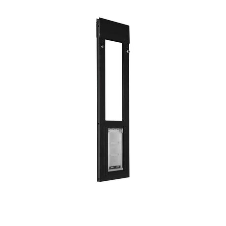 A black patio door insert with a pet door on a white background.