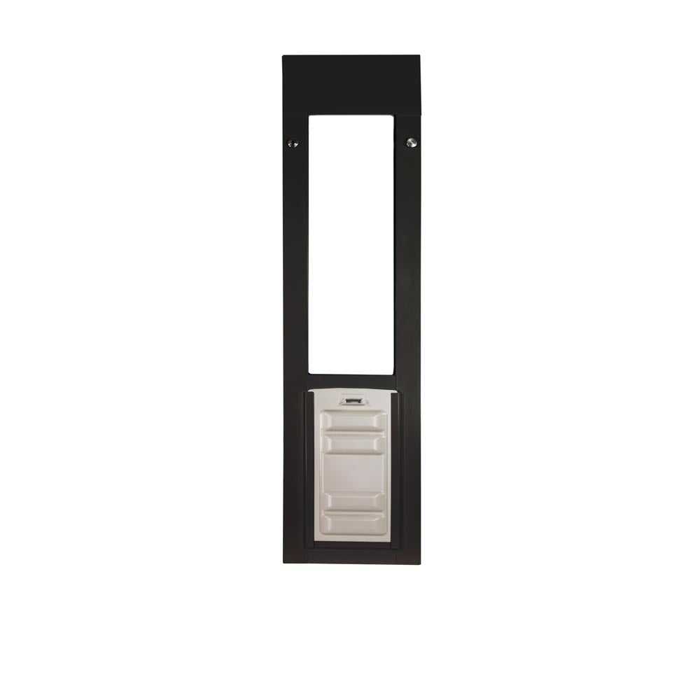 A black pet door frame with a white plastic flap.