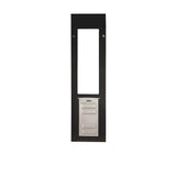 A black pet door frame with a white plastic flap.