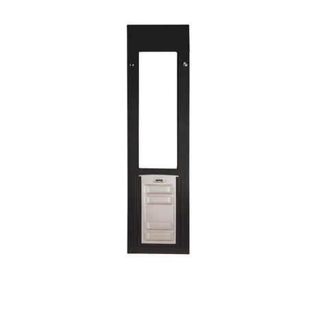 A black pet door frame with a white plastic flap.