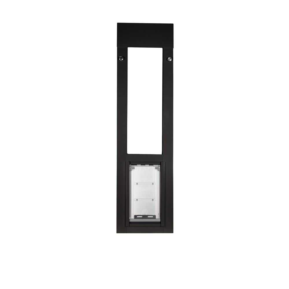Black-framed sliding glass door insert with pet door.