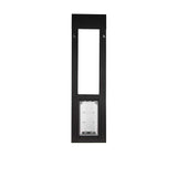 Black-framed sliding glass door insert with pet door.