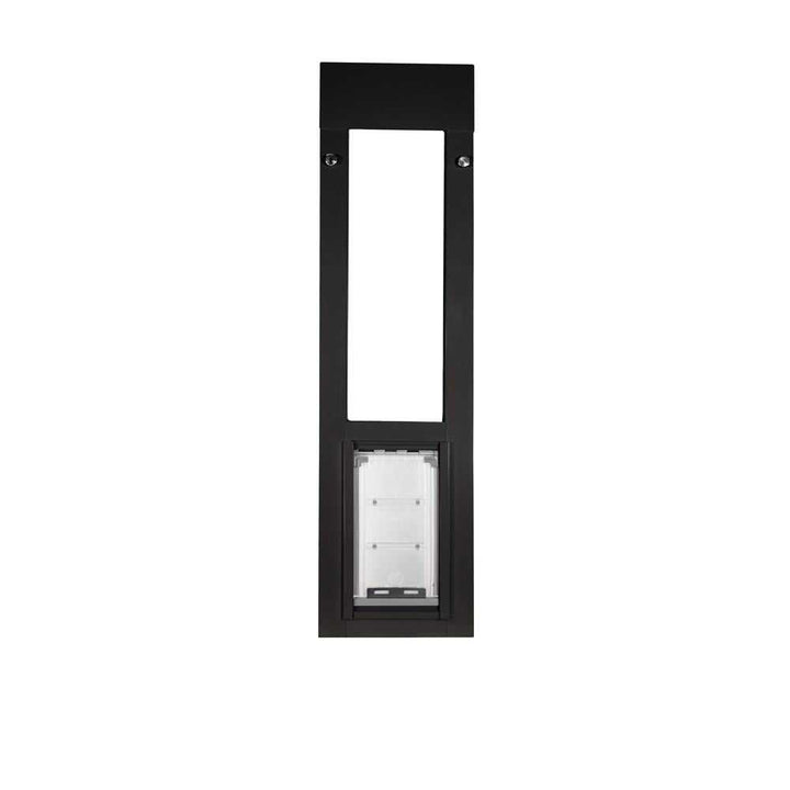 Black-framed sliding glass door insert with pet door.