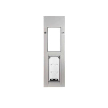 A silver-framed pet door with a white flap and a separate rectangular opening above it.