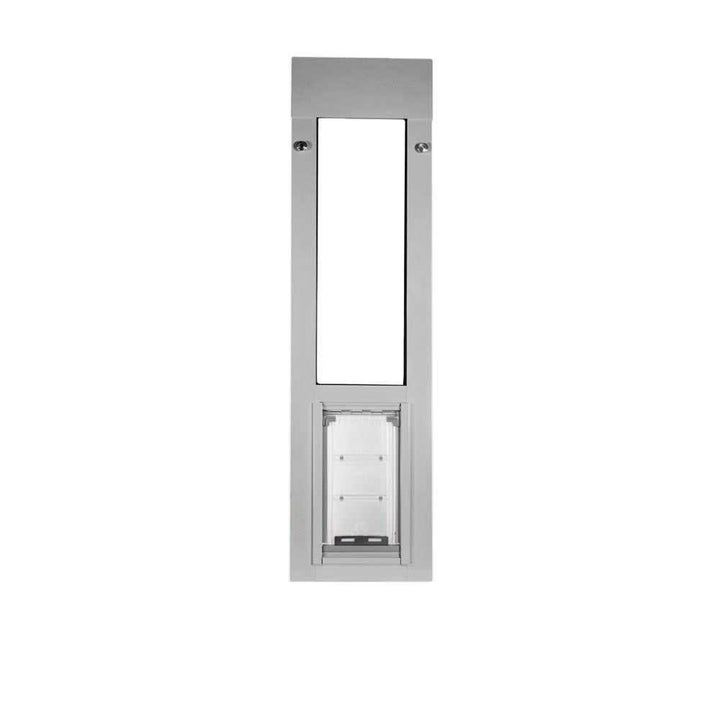 A silver sliding glass door pet door insert.