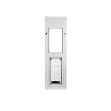 A white dog door with a clear flap is shown.