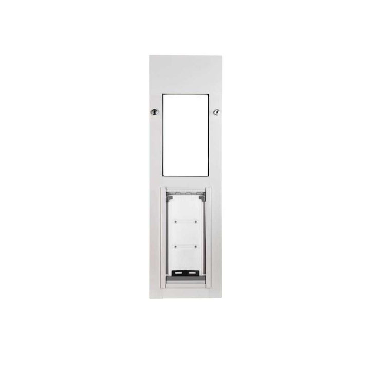 A white dog door with a clear flap is shown.