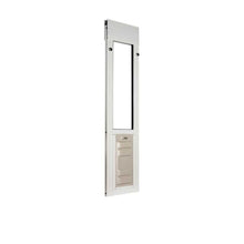 A white sliding glass door insert with a pet door.