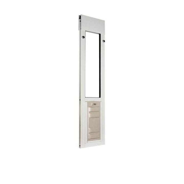 A white sliding glass door insert with a pet door.