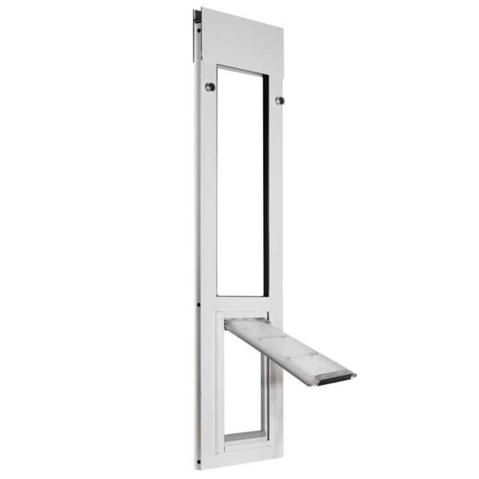 A white sliding glass door pet door insert.