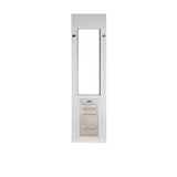 White-framed sliding glass door insert with a pet door.