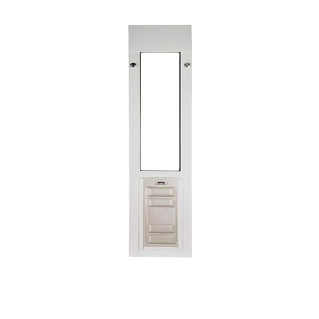 White-framed sliding glass door insert with a pet door.