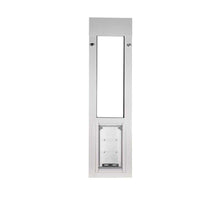 White sliding glass door insert with a pet door.