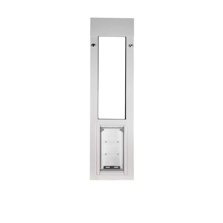 White sliding glass door insert with a pet door.