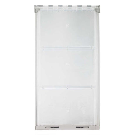 A clear, rectangular drawer with gray trim and three compartments.