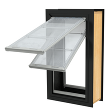 A pet door with two transparent flaps partially open in a black frame.