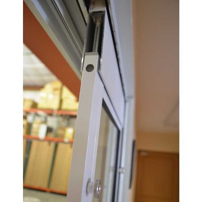 Close-up of a sliding glass door mechanism.