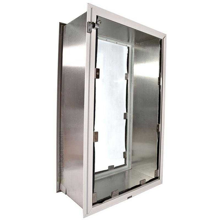 A silver metal dog door tunnel with a white frame.