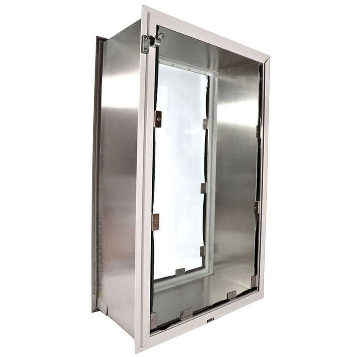 A stainless steel pet door frame and tunnel.