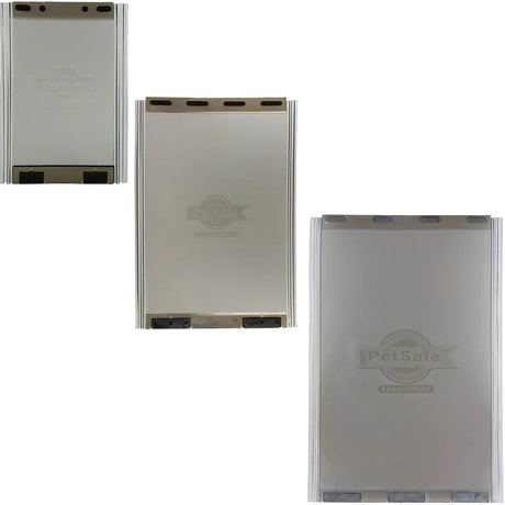 Three PetSafe pet door replacement flaps are displayed.
