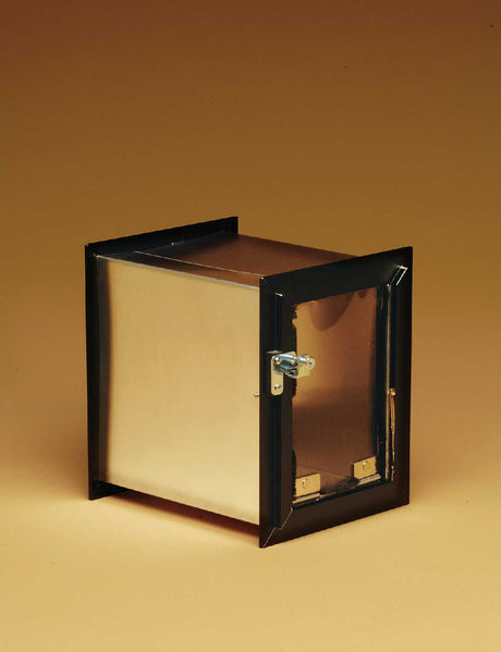 A small, closed, box-like structure with a black frame and a silver panel.