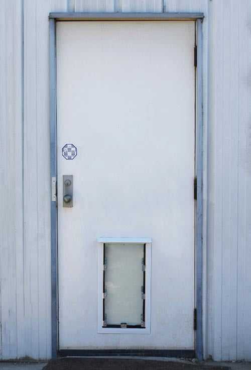 A white door with a dog door and a security sticker is set in a metal frame in a light-colored metal building.