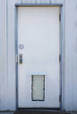 A white door with a dog door and a security sticker is set in a metal frame in a light-colored metal building.