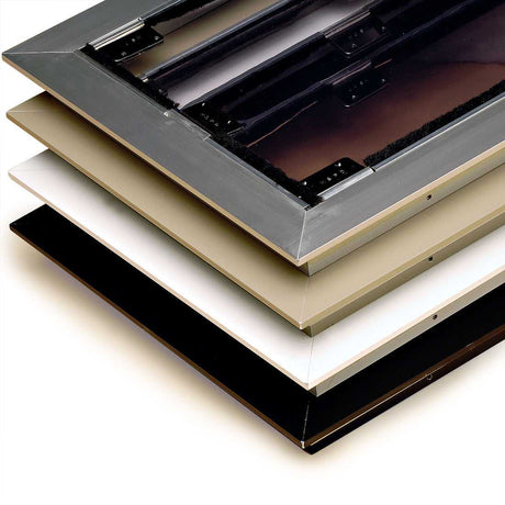 Stacked rectangular frames in black, white, beige, and gray, with a transparent center in the top frame.