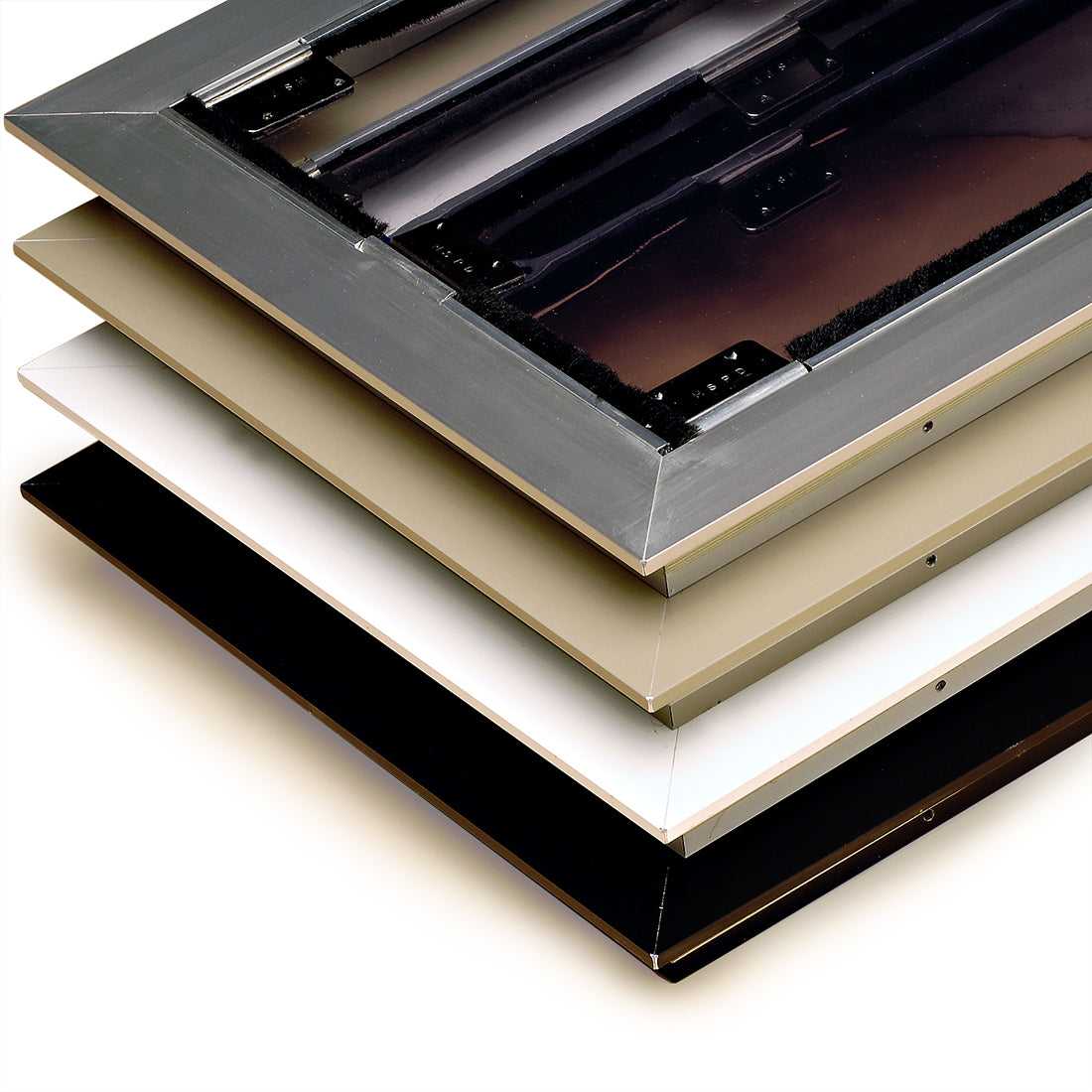 Stacked rectangular frames in various colors (silver, beige, white, and black) show the edges and corners.