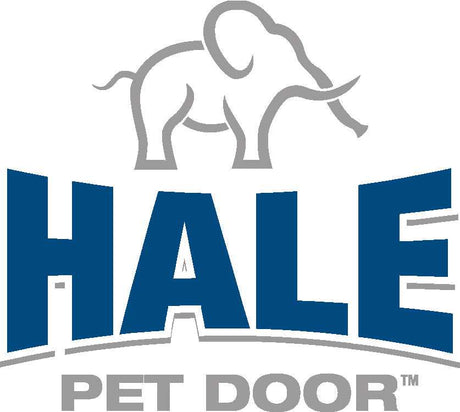 The image is a logo for Hale Pet Door, featuring an elephant graphic above the company name in large, blue lettering.