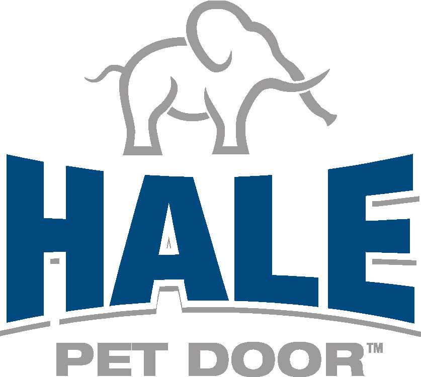 The image shows the "Hale Pet Door" logo with a gray elephant graphic above the blue word "HALE" and gray text "PET DOOR".